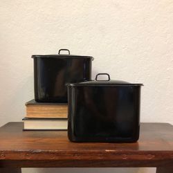 (2) Vintage Black Enamelware Kitchen Storage Canisters Farmhouse Decor