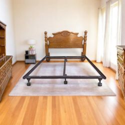 4-Piece Oak Wide Dresser w/ Hutch, Tall Dresser & Queen Bed Frame Set
