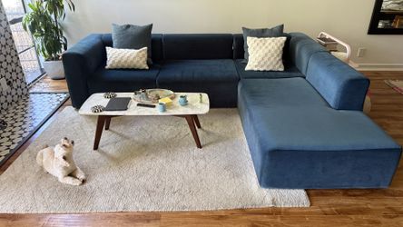 Corner sectional sofa in blue velvet by HAY