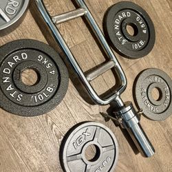 Triceps Bar With Vintage Cast Iron Weight Plates  25s  Plus  10s And  5s [ Total Weights: 100 lbs]