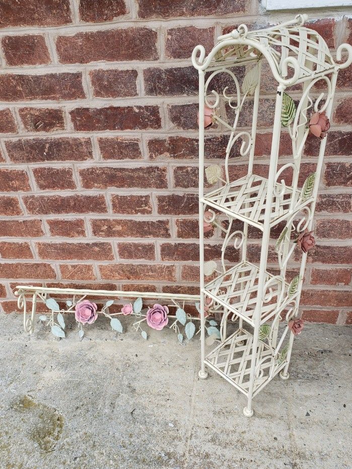 Vintage Metal 3 Tier Plant Stand and Matching Shelf