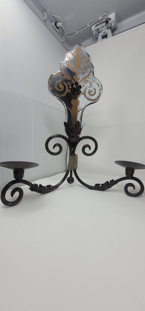 Large Ornate Black Wrought Iron Two Arm Gothic Taper Candle Holder Wall Sconce w/ Vintage style Mirror