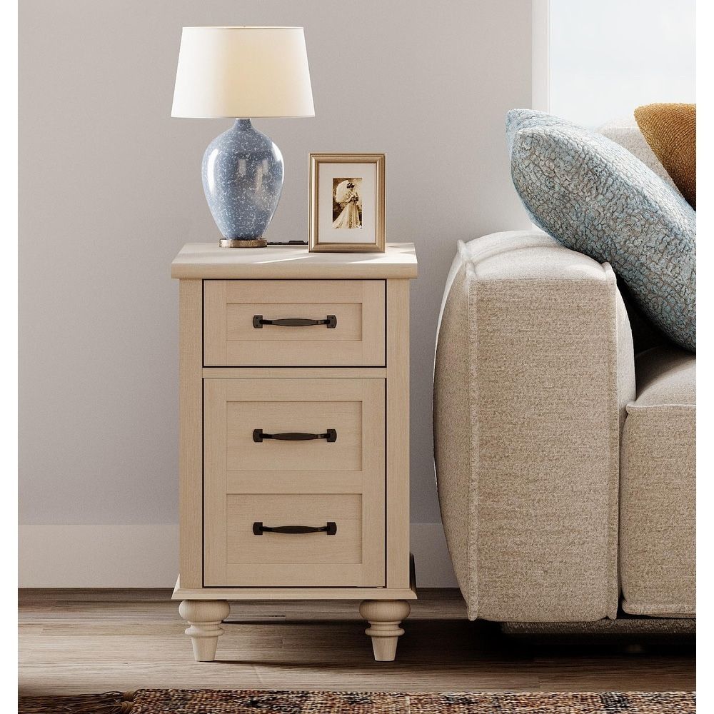 Beige Side Table with Drawer & Cabinet, Elegant End Table with Charging Station, Wooden Nightstand for Bedroom, Living Room $60