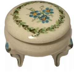 Tiny Vintage Blue White Floral  Round Lidded Trinket Box ceramic signed LC CL