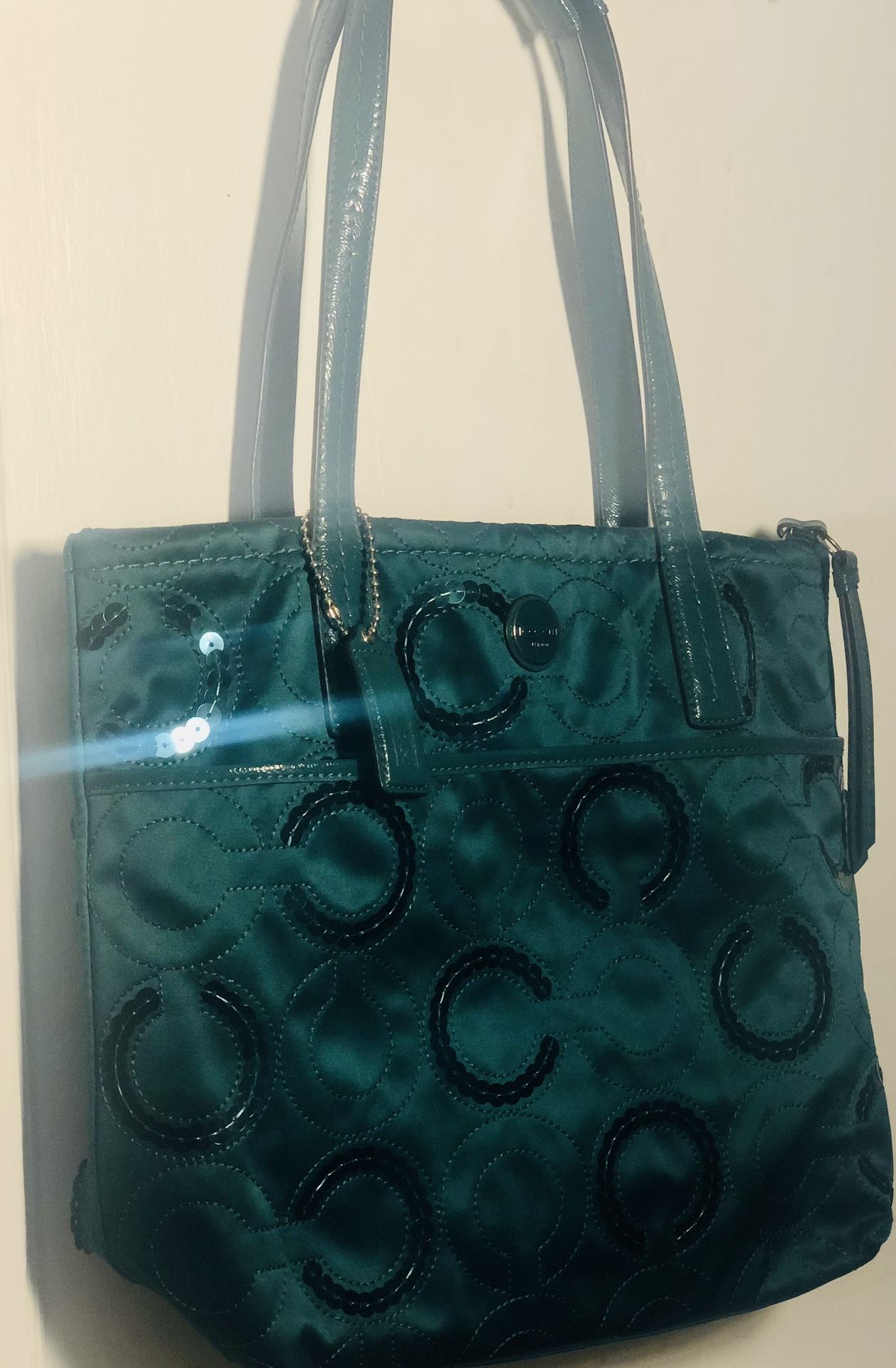 Coach Sequins Teal C-Pattern Vintage Shoulder Bag G1382-F25470 Jade Green Tote Purse
