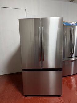 Samsung three-door refrigerator in perfect working condition. Dimensions: 35 3/4 (W) x 36 2/8 (D) x 70 (H). We offer home delivery, installation, and 