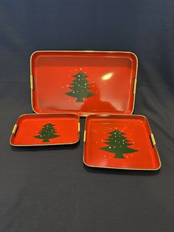 Vintage Red Lacquerware Nesting 3 Piece Holiday Waechtersbach Christmas Tree Tray Set Japan