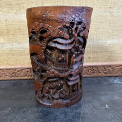 Antique Chinese Scholars Carved Bamboo Paint Brush Pot Feng Shui Qing Dynasty