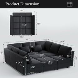 S08 $329 92" 9 Seats Modular Velvet Sectional Sleeper Sofa with Storage, Black FSC-certified hardwood frame, Pet-friendly velvet upholstery, Adjustabl