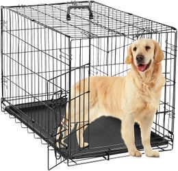 36-Inch Folding Metal Wire Dog Crate, Durable, Foldable, Collapsible Double Door Dog Crate with Removable Leak-Proof Pan, Portable Dogs Crate with Div