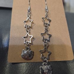 Silvertone Hello Kitty Star Dangle Earrings