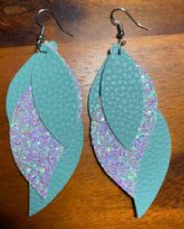 Leaf Style Leather/Glitter-Handmade Earrings. New!! Fashion Fantasy Jewelry Statement!!