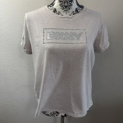 DKNY Sport Women's T-shirt Rhinestones Bling Logo Size L Large Sand Cotton
