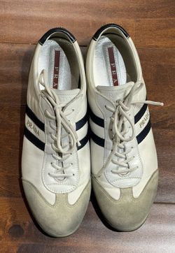 Prada White Navy Stripe Sued Toe Sneakers EU 38.5 Men's 6-7 Women's 8-9