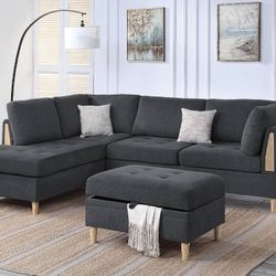 Brand New Grey Sectional Sofa w Storage Ottoman 