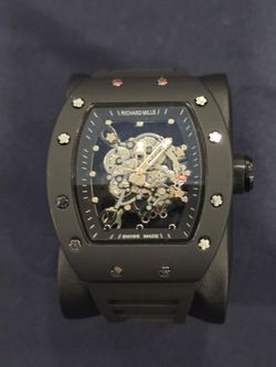 Mens Luxury White Stainless Steel Watch Black Color Dial Rubber Bracelet - RM