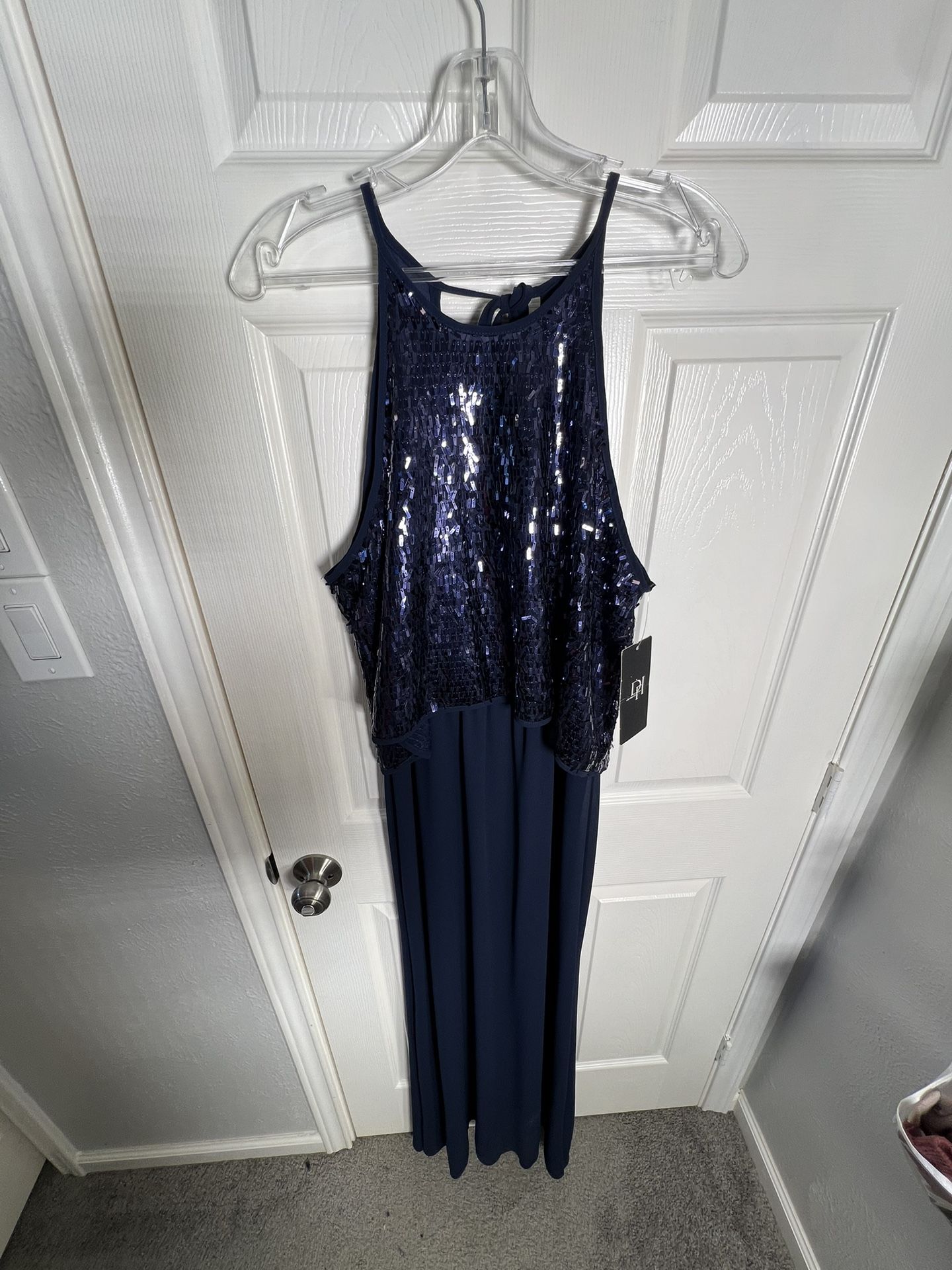 Size Large(10-14)Navy Sequined Overlayed Top Evening Dress