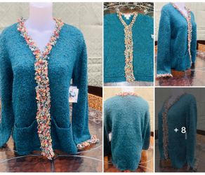 Vintage 90s Susan Bristol Boho Artsy Knit 5 Button Sweater Dark Spruce Multicolor Trim Size Large