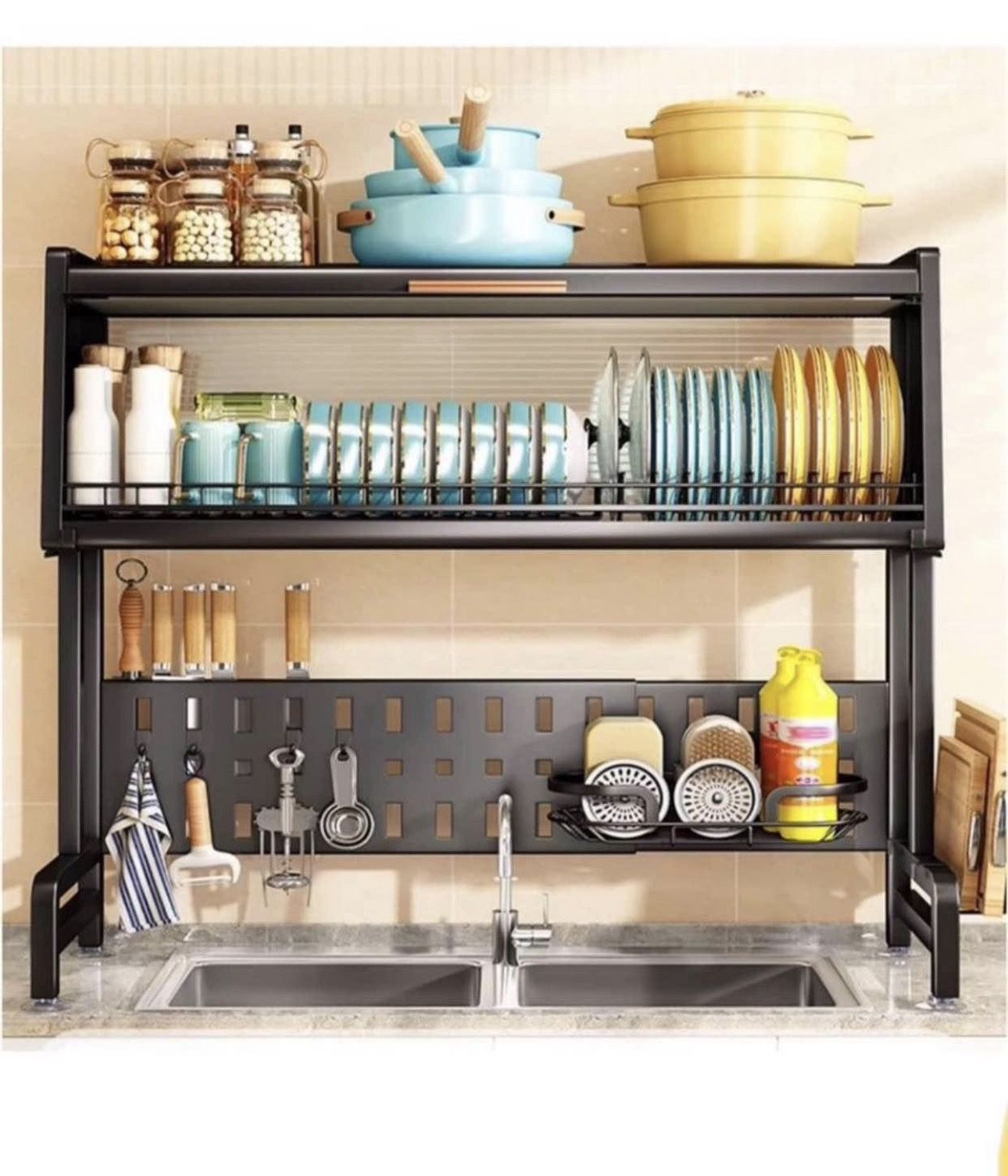 Over The Sink Dish Drying Rack 2 Tier Stainless Steel Large Adjustable Kitchen Dish Drainer Home Storage Organizer Shelf with 7Hooks Brand New still i