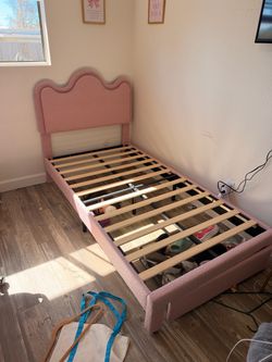 Pink Boucle Upholstered Twin Bed Frame