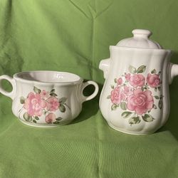 Vintage Pair Gibson Stoneware Roseland Canister & Soup Mug