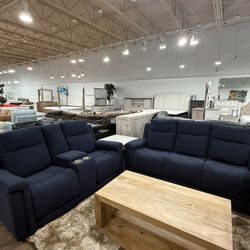 Blue microfiber, reclining sofa, and loveseat with fiber recliners