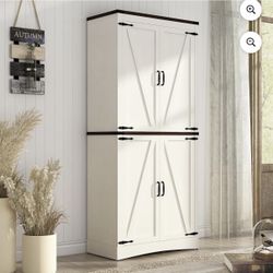 71" Tall Farmhouse Kitchen Pantry Cabinet, 5 Layers Storage Cabinet with Adjustable Shelves, Farmhouse Pantry Cabinet with 4 Barn Doors for Kitchen