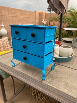 Vintage Turquoise Blue Metal 4 Drawer Storage Organizer Backyard Garden Outside Garden Patio Decor
