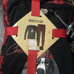 Santa's Creations black and red buffalo plaid men's pajama set featuring a dog graphic. 