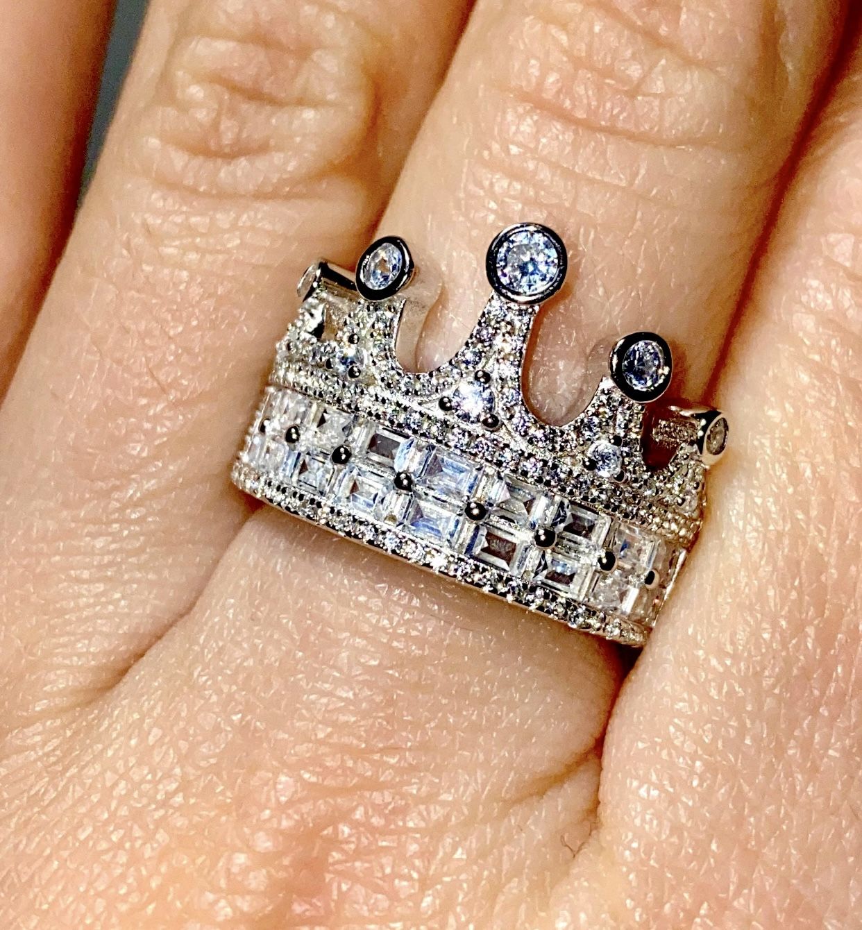 Italy 925 Sterling Silver King Crown 14K White Gold 5X Layered Unisex Sizes 6-10 US, Lifetime Warranty Every Day Wear
