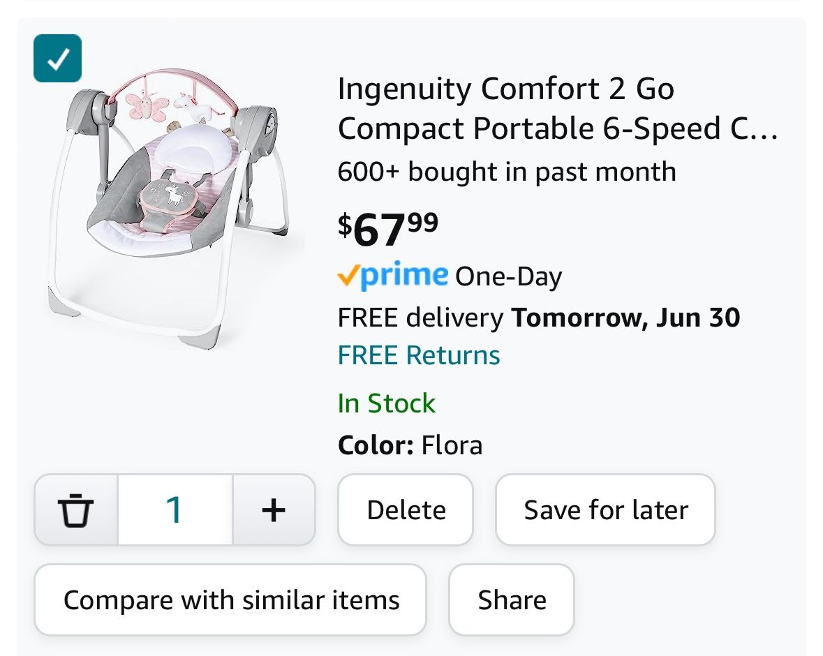 Ingenuity Comfort 2 Go Compact Portable 6-Speed Cushioned Baby Swing with Music, Folds Easy, 0-9 Months 6-20 lbs (Pink Flora the Unicorn)