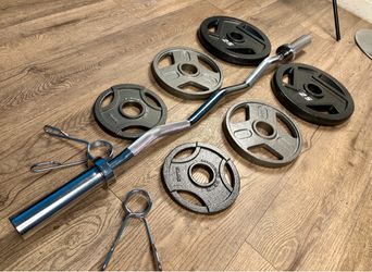 BRAND NEW: Olympic Curl Bar with Cooper Bearing Mech & Three  Grip Cast Iron Weight Plates 25s, 10s and 5s. Total: 100 lbs