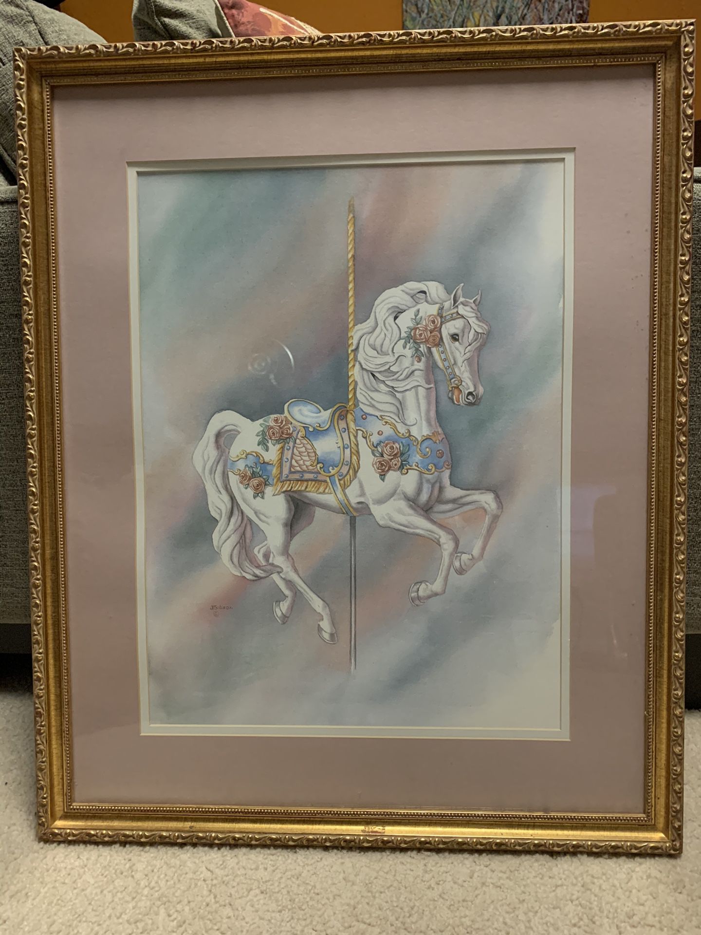 Hand painted carousel horse in decorative frame