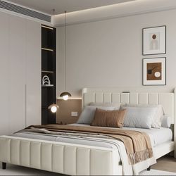 Queen Size Velvet Upholstered Platform Bed Frame with Channel Tufted Headboar/Beige