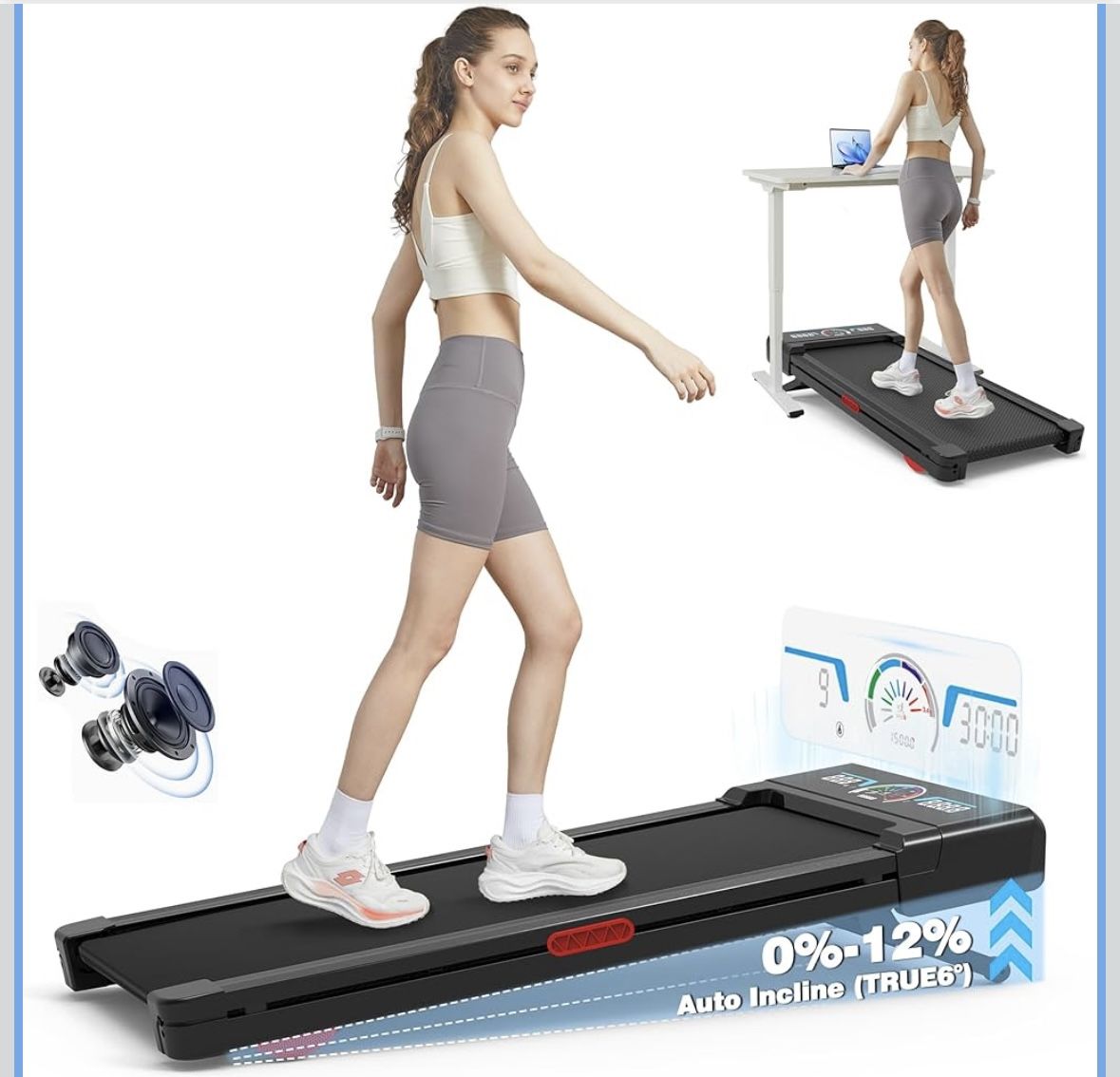 Walking Pad Treadmill with 12% 9-Level Auto Incline, 450 lbs Capacity RGB LED Screen