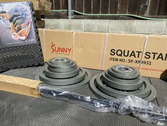 Squat rack bundle complete home gym with weights barbell bench and floor mats