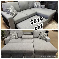 Gray Fabric Sectional Pull Out  Sleeper Sofa With Storage Chaise  And Drop Down Table + USB Port 