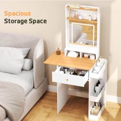 Small Vanity Desk with Mirror and Lights - Compact Makeup Dressing Table with Fold-up Panel & Side Storage Shelf for Small Spaces, 