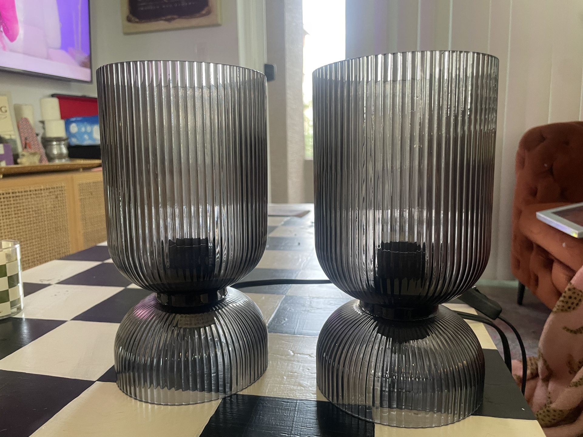 Set Of Two Gray Glass Side Table Lamps