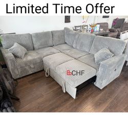 3 Piece Corduroy Sectional Sleeper Sofa With Pull Out Bed And USB //Limited Time Offer 
