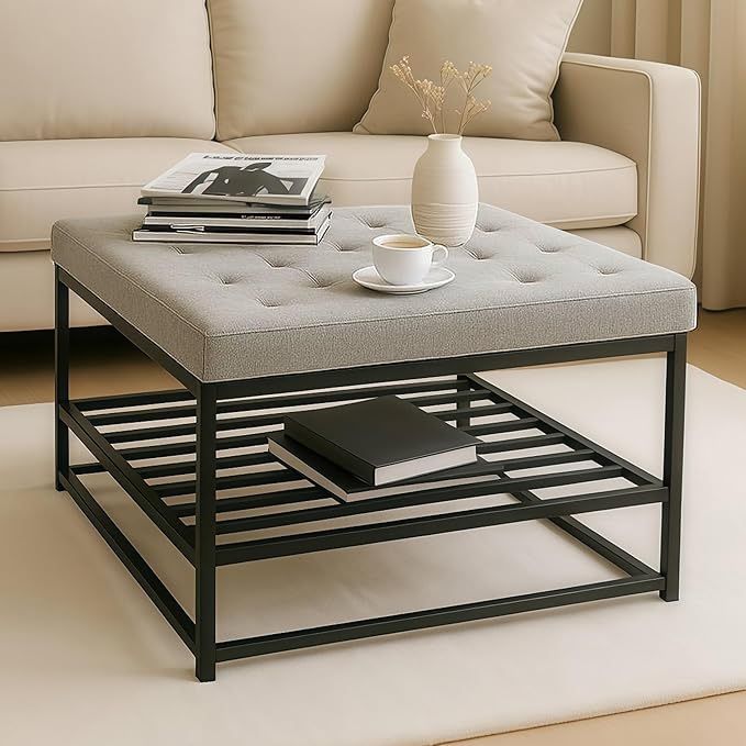 NEW Square Storage Ottoman - Stylish Farmhouse Coffee Table with Sturdy Metal Shelf & Soft Tufted Fabric - 36 Inches Large Center Table for Living Roo