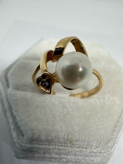 Vintage 14K 585 Solid Yellow Gold Natural Pearl & Diamond Ring Size 8