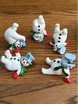 Vintage Set of 5 Fitz and Floyd Christmas Ceramic Tumbling Snowmen
