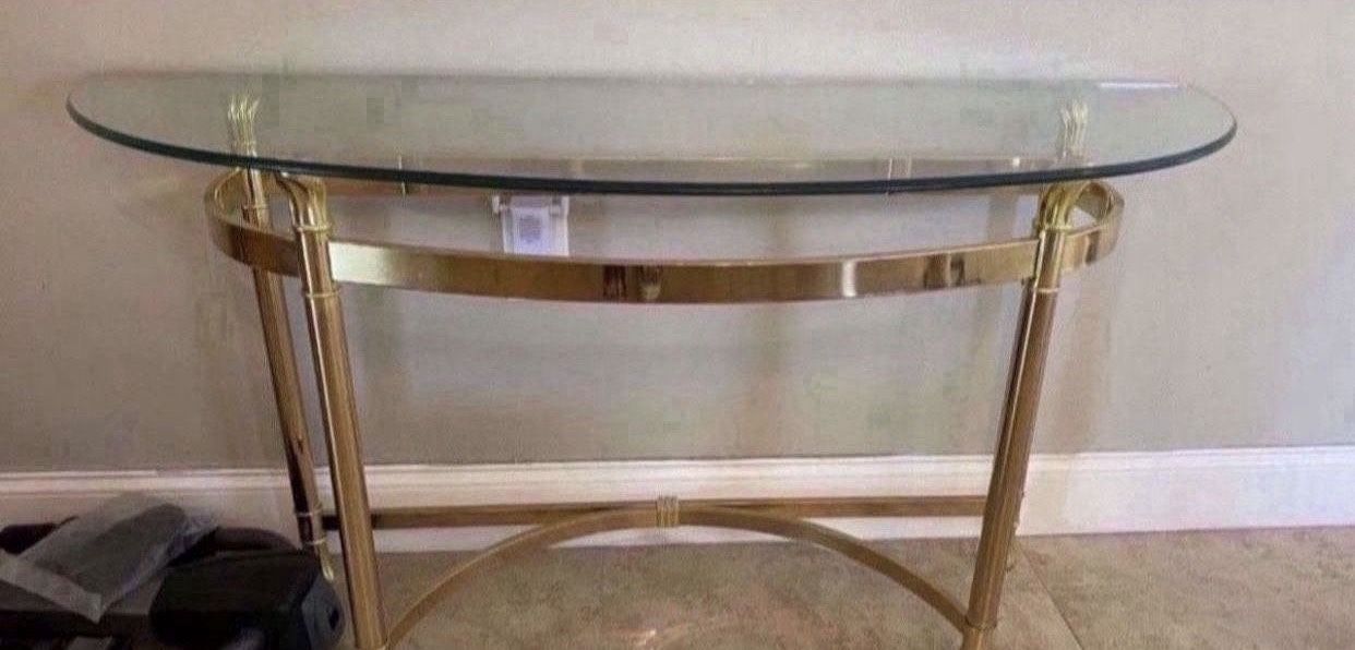 Glass Gold Brass Modern Console Entry Way Table   50 inches wide   17.5 inches deep  25.5 inches