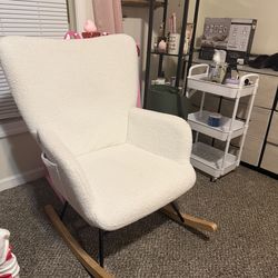 Cream Fuzzy Rocking Chair w/ Wood Base – Like New