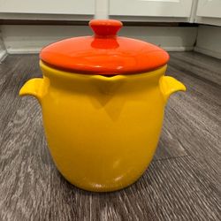 Yellow Ceramic Crock Pot with Orange Lid