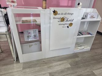 White Retail Display Counter with Shelving Unit