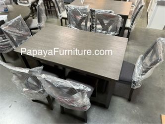 New 7Pcs Dining Set, Table And Chairs, Casual Dining Table, Chairs, Rectangular Table, Wooden Table, Grey Dining Set, Dinette Set, Table And 6 Chairs 