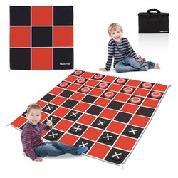 2 in 1 Giant Checkers & Large Tic Tac Toe Game Set (4.6ft x 4.6ft), Jumbo Checkers Outdoor Lawn Games with Chess Board Mat & 4 Ground Stakes, Giant In