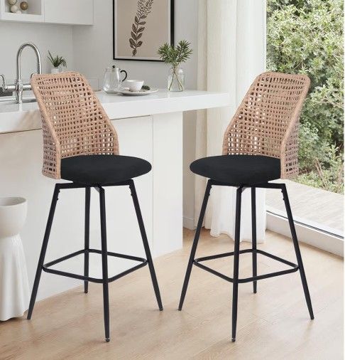 Swivel Rattan Bar Stools Set of 2, Mid Century Modern Counter Height Barstools with Woven Low Back and Metal Legs, Boho Farmhouse Island Chairs with C